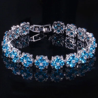 Handmade Flower Style Titanic Ocean Blue Topaz Gems Silver Women Charm Bracelet - Image 1 of 4