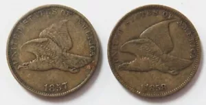 (2) 1857 & 1858 USA FLYING EAGLE CENT 2 COIN VERY FINE SET - Picture 1 of 2