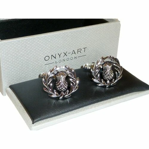 Scottish Thistle Cufflinks - High Quality Onyx Art - Gift Boxed - Scotland Scots Foto 1 de 1