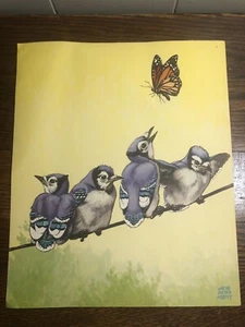Vintage 12 x 10 JACOB BATES ABBOT Litho Bookplate Print Baby BLUEJAYS Butterfly - Picture 1 of 5