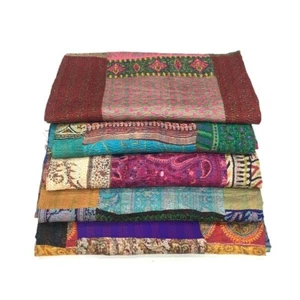 Vintage Silk Kantha Quilt Wholesale Lot Queen Size Quilted Blanket Bedspread - Picture 1 of 10