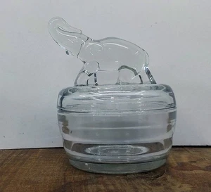 Vintage Clear Glass Elephant Trunk Up Lidded Trinket Box Powder Dish 5" Tall EUC - Picture 1 of 13