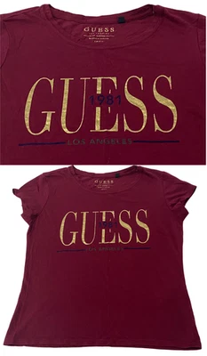 GUESS 1981 футболка золото металлический печать Los Angelas США SM UK6 Au XS бордовый - Изображение 1 из 4