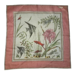 Vintage Handkerchief Aquarium & Fish Print Pink Border Hand Rolled Swiss Made  - Picture 1 of 8