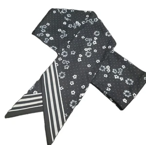 Black Hair Tie Wrap Scarf - White Polka Dots Flowers - MCM Retro Pinup 80" L - Picture 1 of 4