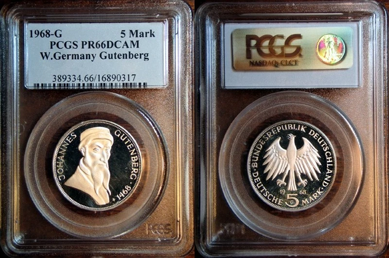 ***1968-G  WEST GERMANY 5 SILVER MARKS GUTENBERG***PCGS PR66DCAM***POP 1/1*** - Image 1 of 1