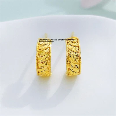 Pure 999 24K Yellow Gold Women Hollow Lucky Wave Moon Earrings Hoop 2.3-2.5g - Image 1 of 4