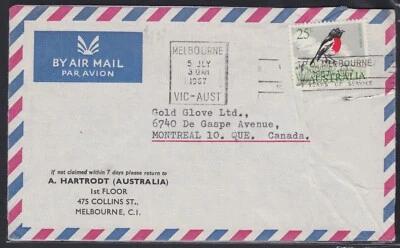 Cubierta postal de correo aéreo Robin Bird Australia 1967 25c GPO Melbourne VIC a Canadá Foto 1 de 2