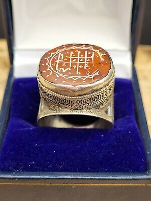 Vintage White Metal / Unmarked Silver? Carnelian Eastern Look Ring. Shia? Islam? • 40£