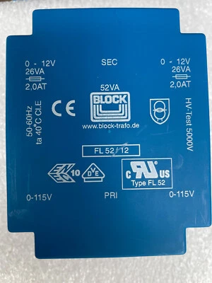 BLOCK Encapsulated Transformer, 2x 115v (pri), (sec )2x12v 2A FL52/12