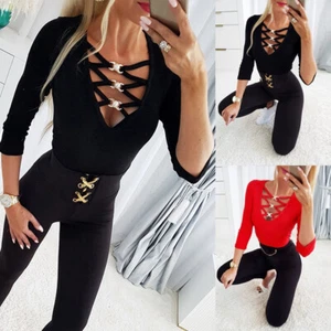 Sexy Damen V-Neck Hohl Tunika Oberteile Langarm T-Shirt Party Clubwear Slim Tops - Bild 1 von 29