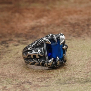 Herren Edelstahl Biker blau Onyx Drachenkralle Ring für Männer Größe 7-15 - Bild 1 von 7