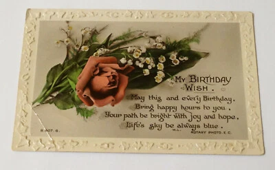 Postal de felicitación de cumpleaños c1910 rosa en relieve antigua foto giratoria Foto 1 de 3