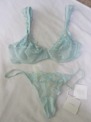 La Perla Mint Green Embroidered  Silk Lace Bra, Sz 38 B & Thongs,  Sz Lg,  NWT - Image 1 of 4