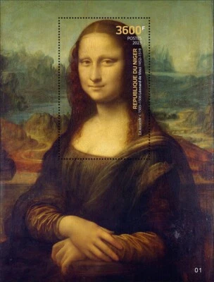 Pintura de la Mona Lisa sobre papel de seda estampillas MNH 2023 Níger S/S Foto 1 de 2