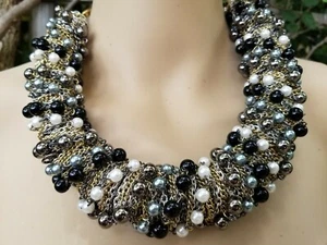 NEW COUTURE HANDMADE NECKLACE FX PEARLS SILVER GOLD FINISHED CHAINS VERY HEAVY - Picture 1 of 12
