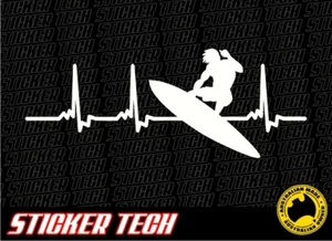 SURFER SURFING HEART PULSE STICKER DECAL SUITS WAVES SURF BOARD BEACH  - Picture 1 of 2