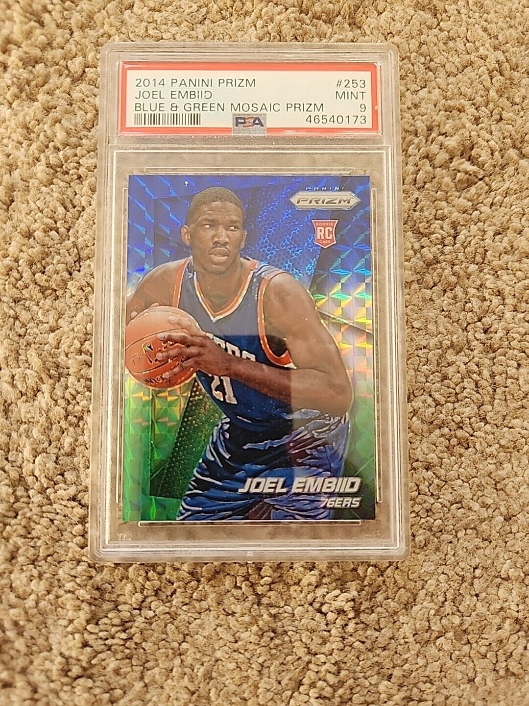 PSA 9 2014 Panini Prizm Joel Embiid Blue & Green Mosaic Prizm Rookie RC #253