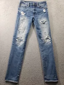 Pantalones de mezclilla para hombre American Eagle 29x34 azul ajustados rectos desgastados elásticos - Imagen 1 de 17
