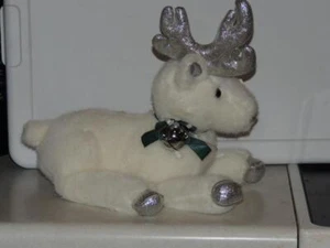 Vintage 1988 Dakin weißes Rentier 13 Zoll Plüsch Silber Geweih grüne Schleife Glocke ETIKETTEN - Bild 1 von 5