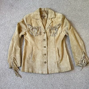 Vintage 80s ESPRIT Tan Suede Leather Button Western Fringe Jacket Women’s M - Picture 1 of 8