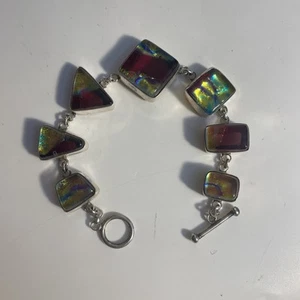 Pulsera de plata de ley 925 de vidrio dicroico grueso dije joyería 7,5" vintage - Imagen 1 de 7