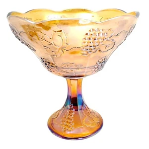 Vintage Amber Marigold Carnival Glass Compote Pedestal Bowl Iridescent Grapes - Picture 1 of 14