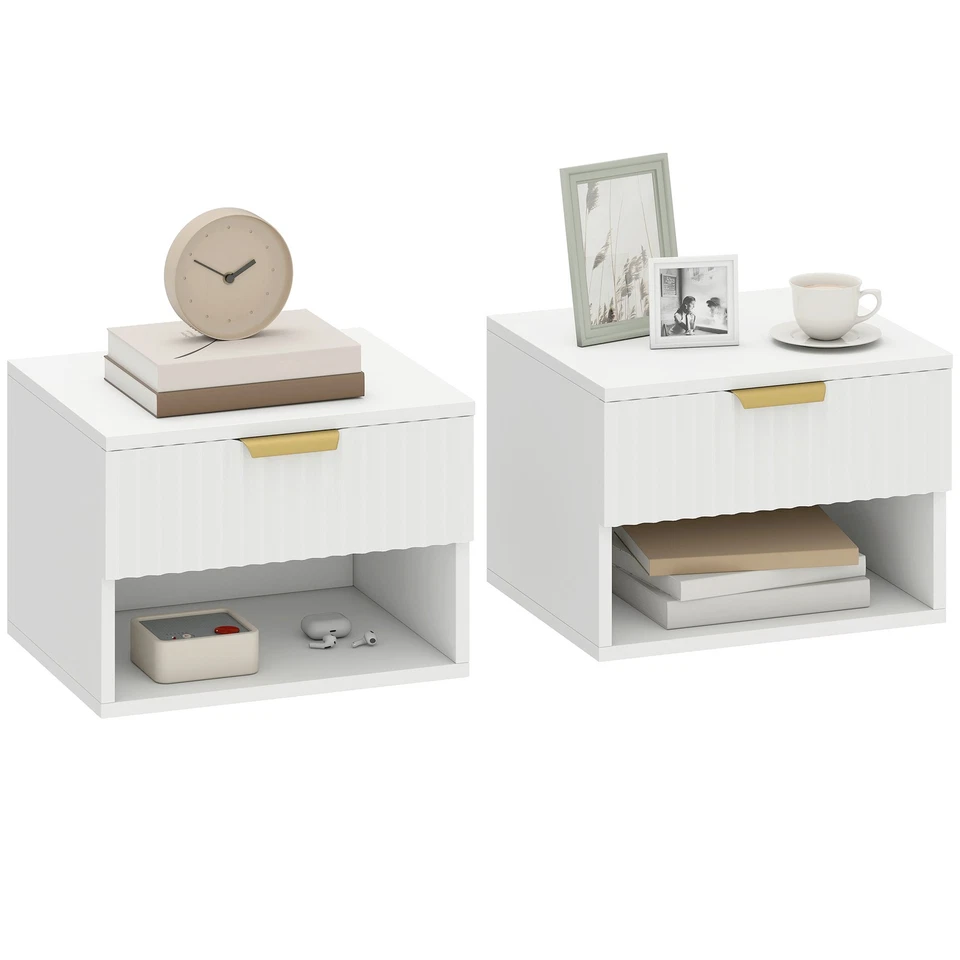 HOMCOM Set 2 Comodini Sospesi con Pannelli Scanalati, Cassetto e Ripiano Bianco - Immagine 1 di 4
