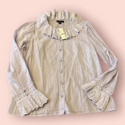 Blusa Top J.CREW Mujer 6 Púrpura Manga Larga Ojales Volantes Cuello Botón Delantero Foto 1 de 4