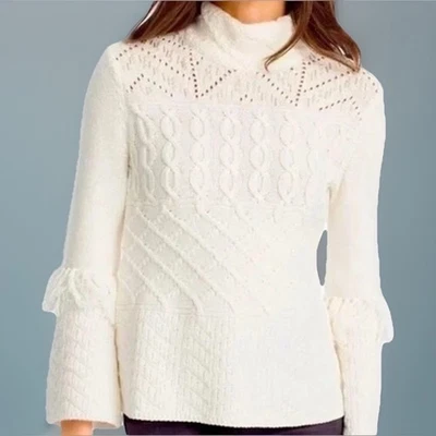 WHITE HOUSE-BLACK MARKET Women M Ivory Cable Knit Beaded Sweater Fringe MockNeck - Image 1 of 4