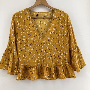GLAMOROUS Yellow Floral Peplum Blouse Top UK S V-Neck Ruffle Bell Sleeve - Picture 1 of 7