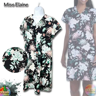 NUEVO CON ETIQUETAS Miss Elaine Mujer L Floral Manga Corta Snap Bata 865824, Verde/Negro Foto 1 de 4
