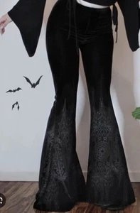 Killstar De La Souless Goth Cathedral Black Velvet Bell Bottom Pants Sz S - Picture 1 of 10