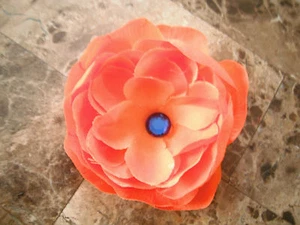 NEW girls baby LARGE ORANGE FLOWER CLIP HAIR BOW blue crystal PEONY wedding - Picture 1 of 2