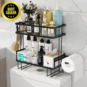 2-Tier over Toilet Storage, Floating Shelves with 2 Hooks & Paper Holder - Picture 1 of 12