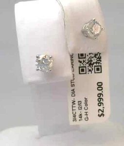 14K Solid White Gold Certified 3/4 CT TW Genuine Diamond Stud Earrings - Picture 1 of 7