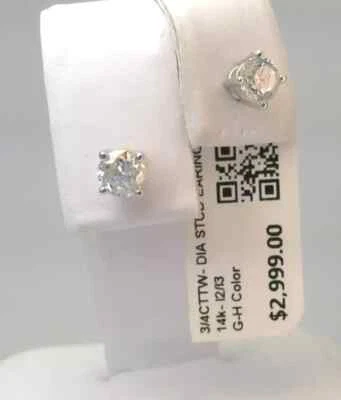 Aretes de diamantes genuinos TW de 3/4 quilates de oro blanco macizo de 14K certificados Foto 1 de 4