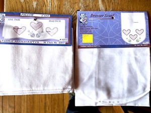 Embroidery:Pr. Pillow Cases+Coordinating Dresser Scarf,CrossStitch Hearts,Perled - Picture 1 of 7