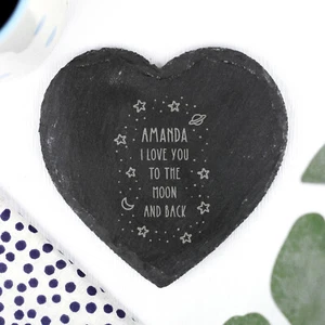 Personalised Slate Heart Coaster I Love You To The Moon & Back Valentines Day - Picture 1 of 28