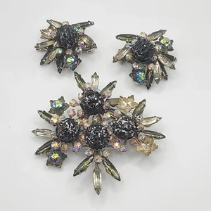 Vintage Judy Lee Brooch Earrings Set Smokey Navettes Signed READ - Picture 1 of 15