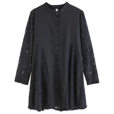 Women Floral Lace Splice Shirt Blouse Loose Button A Line Swing Casual Dress - Image 1 of 4