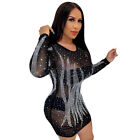 New Women Fashion Long Sleeves Skinny Paillette See Through Patchwork Club Dress
