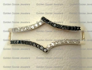 Prong Set Solitaire Enhancer Black n White Diamonds Ring Guard Wrap Yellow Gold - Picture 1 of 8