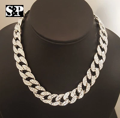 Collar de cadena gargantilla cubana Miami Hip Hop Quavo plata PT helada 15 mm 16" Foto 1 de 4