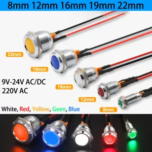 8/12/16/19/22mm Waterproof Metal LED Indicator Pilot Dash Light Panel Lamp AC/DC - Picture 1 of 12