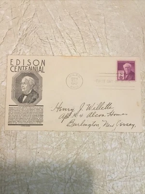 Thomas Edison 100th Anniv. Fdc Sc#945 C. Stephen Anderson Cachet 1947 #4 - Image 1 of 3