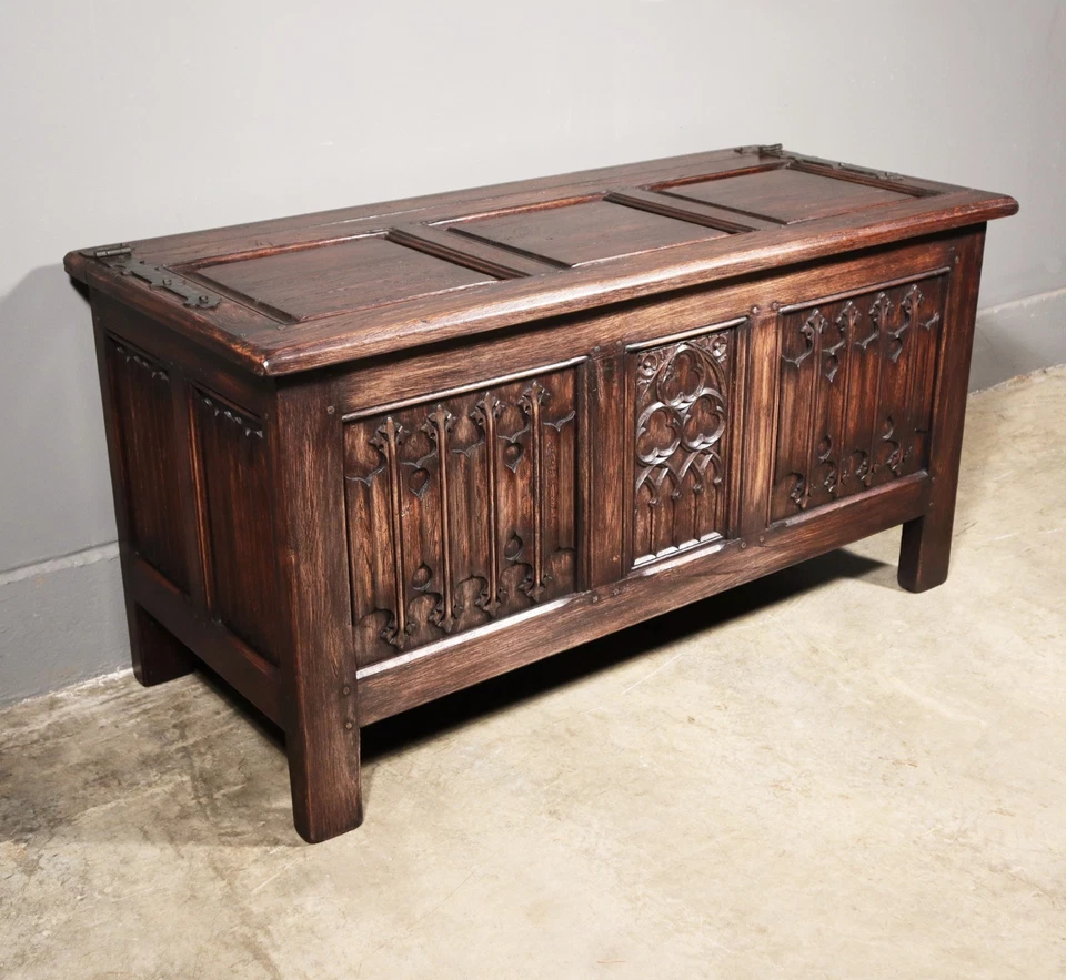 Cofre/baúl gótico francés vintage en castaño macizo y roble tallas detalladas Foto 1 de 4