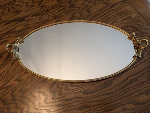 Antique Hollywood Regency Gilt Oval Floral Vanity Mirror Tray Brass Gold 20x10" - Picture 1 of 9