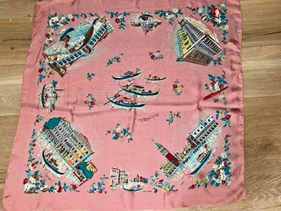 Vintage Souvenir 100% Hand Rolled Pink Silk Scarf Venice Italy Landmarks 31 X 31 - image 1 of 3