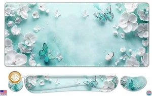 Large Mouse Pad Set with Wrist Rest, Non-Slip Base, Teal Butterfly, 4PCS - Picture 1 of 7